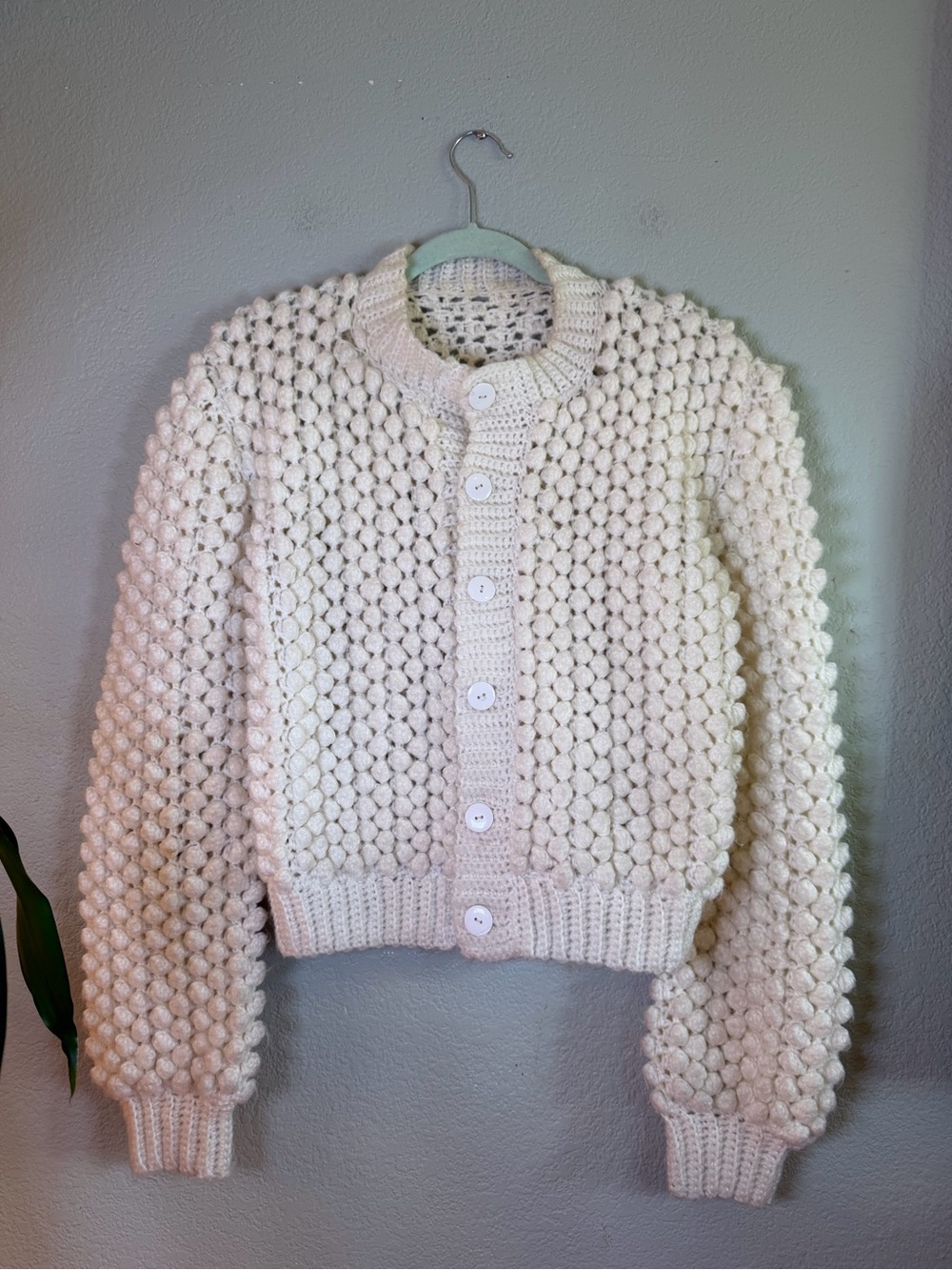 Vintage Handmade Crochet White Popcorn Knit Cottagecore Button Up Cardigan M